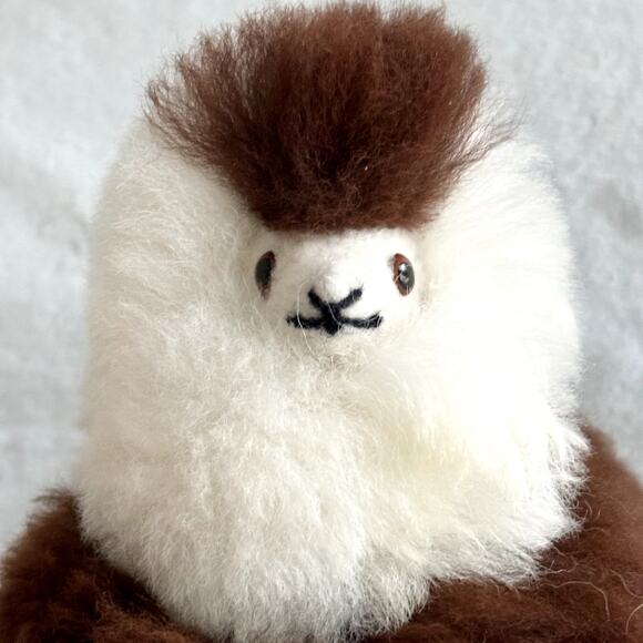 Fluffy Peruvian Alpaca Toy Real Fur Llama Brown White Handmade SO SOFT! 9" - Picture 7 of 9